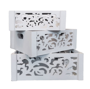 (11192)-Wooden Box Set of 3 with Carved Flower